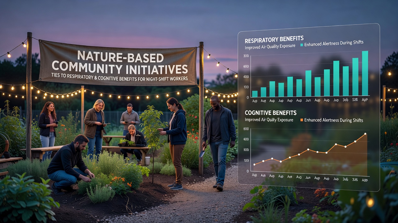 Night-shift workers gathered around a community garden area with plants and benches under evening lighting