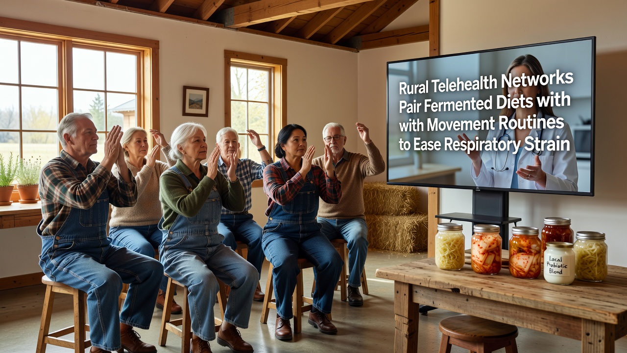 Participants in a rural setting follow along with a telehealth instructor during a combined fermented diet discussion and gentle movement sequence
